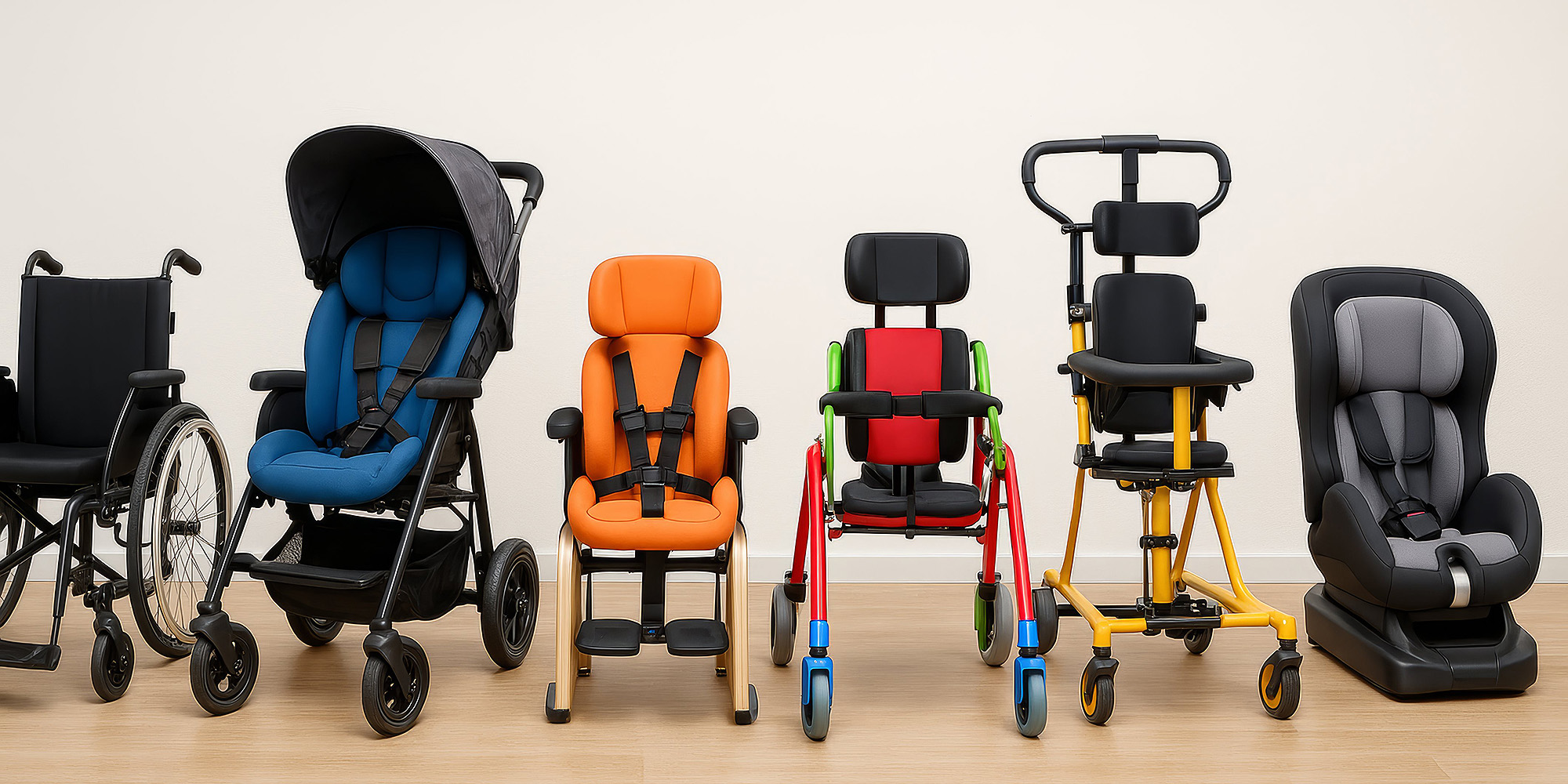 Reihe verschiedener Kinderhilfsmittel wie Rollstühle, Rehawagen und Sitzsysteme vor hellem Hintergrund